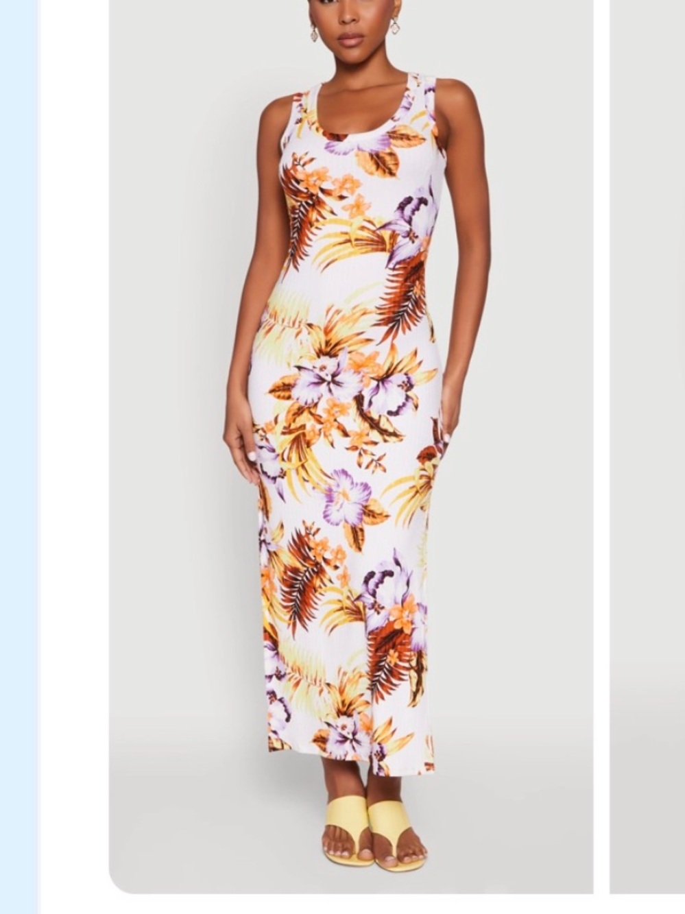 Floral Ribbed Tank Maxi Dress in White and Orange